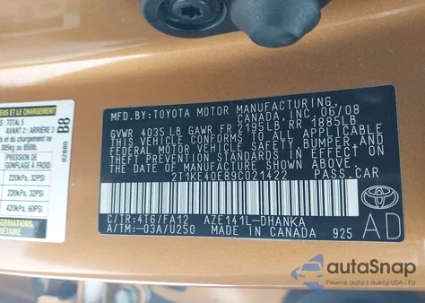 2009 Toyota Matrix S z USA, uszkodzony, nr VIN 2T1KE40E89C021422